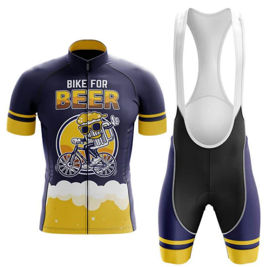 Cycling jersey and bib shorts with 'Bike for Beer' design on a white background