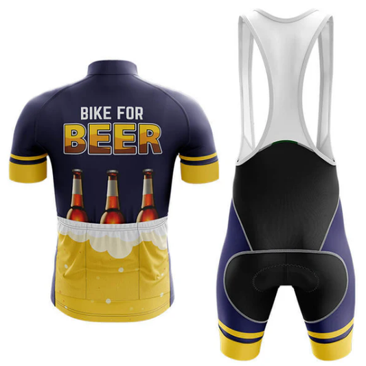 Cycling jersey and bib shorts with 'Bike for Beer' design on a white background