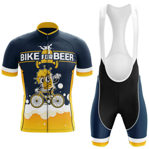 Cycling jersey and bib shorts with 'Bike For Beer' design on a white background