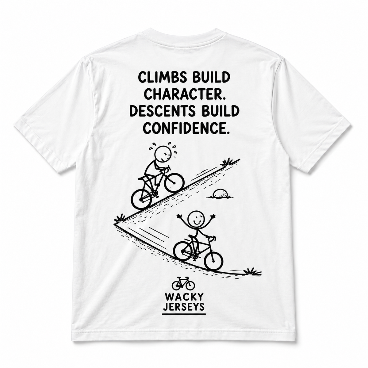 White short-sleeve t-shirt with a black graphic print on the back. The design features the text 'CLIMBS BUILD CHARACTER.