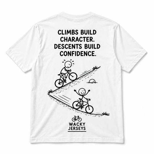 White short-sleeve t-shirt with a black graphic print on the back. The design features the text 'CLIMBS BUILD CHARACTER.