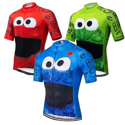 Three colorful cycling jerseys with cartoon character designs on a white background.