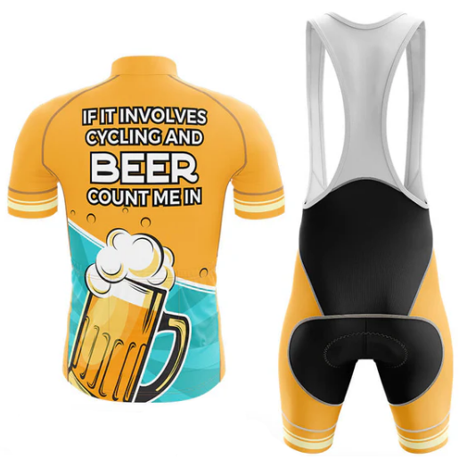 Cycling jersey and bib shorts with beer-themed design on a white background