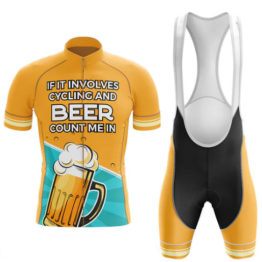 Cycling jersey and bib shorts with beer-themed design on a white background