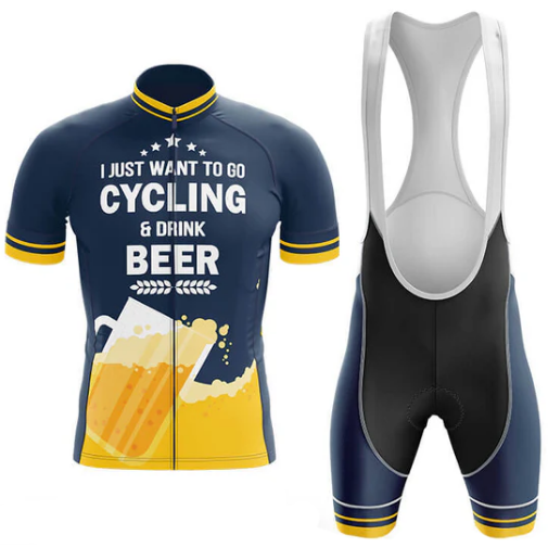 Cycling outfit with text 'I just want to go cycling & drink beer' and a graphic of a beer glass.
