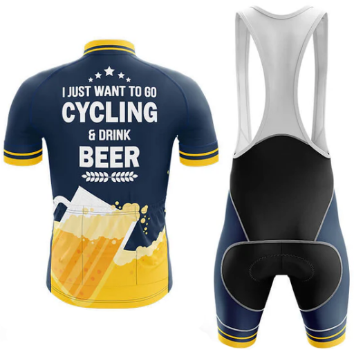 Cycling outfit with text 'I just want to go cycling & drink beer' on a white background