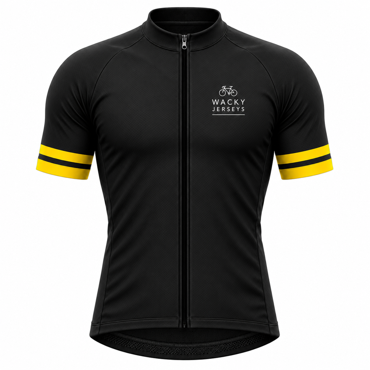 A black short-sleeve cycling jersey with a full front zipper, featuring yellow and black striped cuffs and a white 'Wacky Jerseys' logo on the left chest, shown on a plain white background.