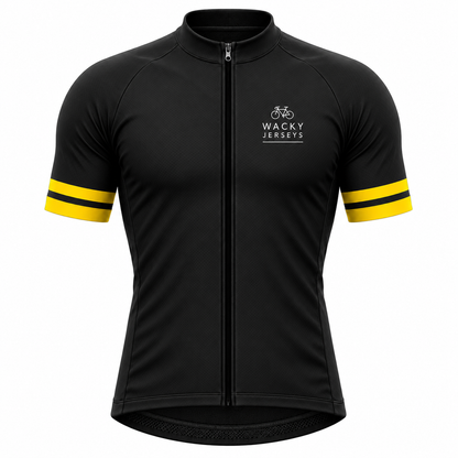 A black short-sleeve cycling jersey with a full front zipper, featuring yellow and black striped cuffs and a white 'Wacky Jerseys' logo on the left chest, shown on a plain white background.