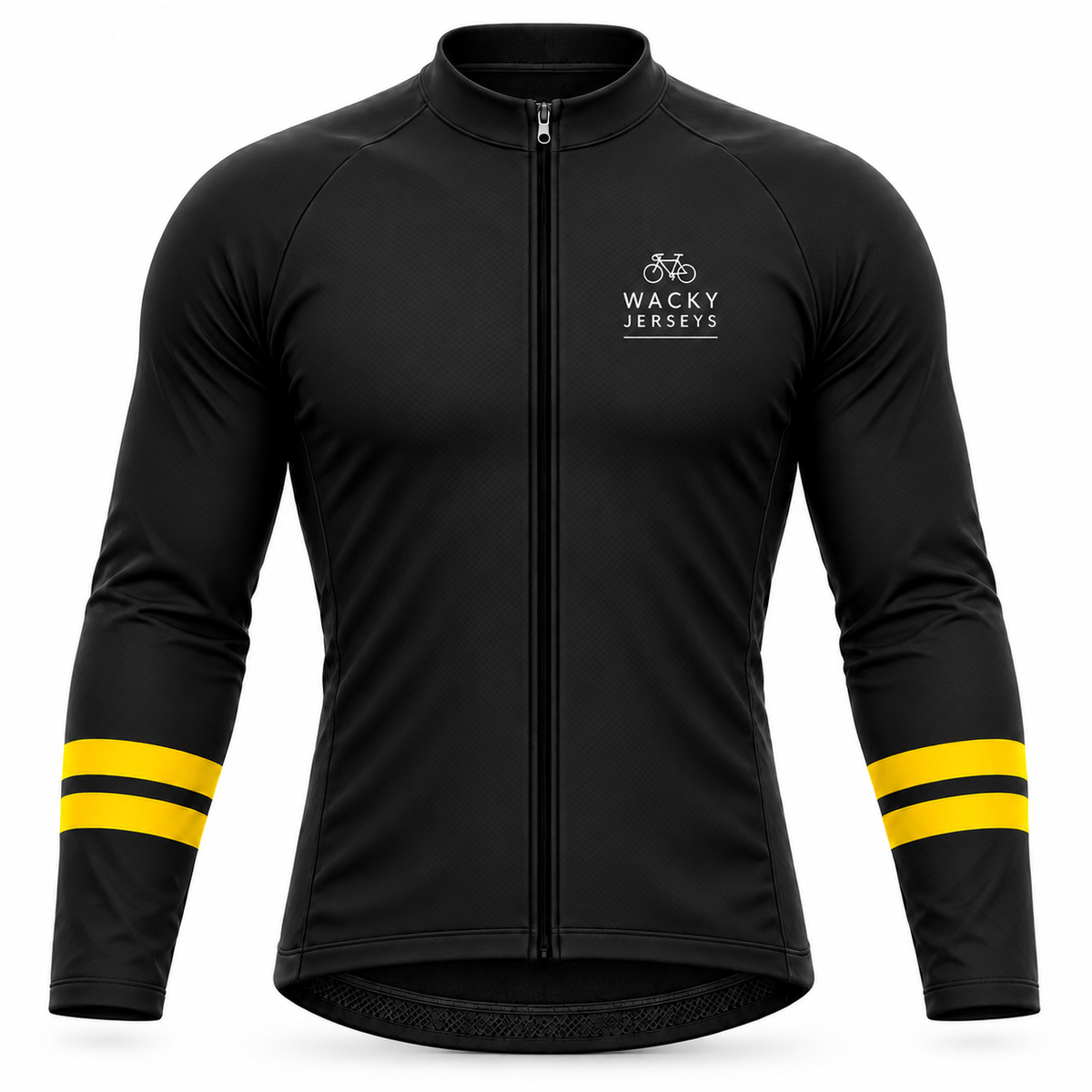 A black long-sleeve cycling jersey with a full front zipper, a white 'Wacky Jerseys' logo on the left chest, and two yellow stripes on each sleeve, shown on a plain white background.