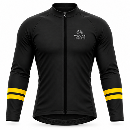 A black long-sleeve cycling jersey with a full front zipper, a white 'Wacky Jerseys' logo on the left chest, and two yellow stripes on each sleeve, shown on a plain white background.