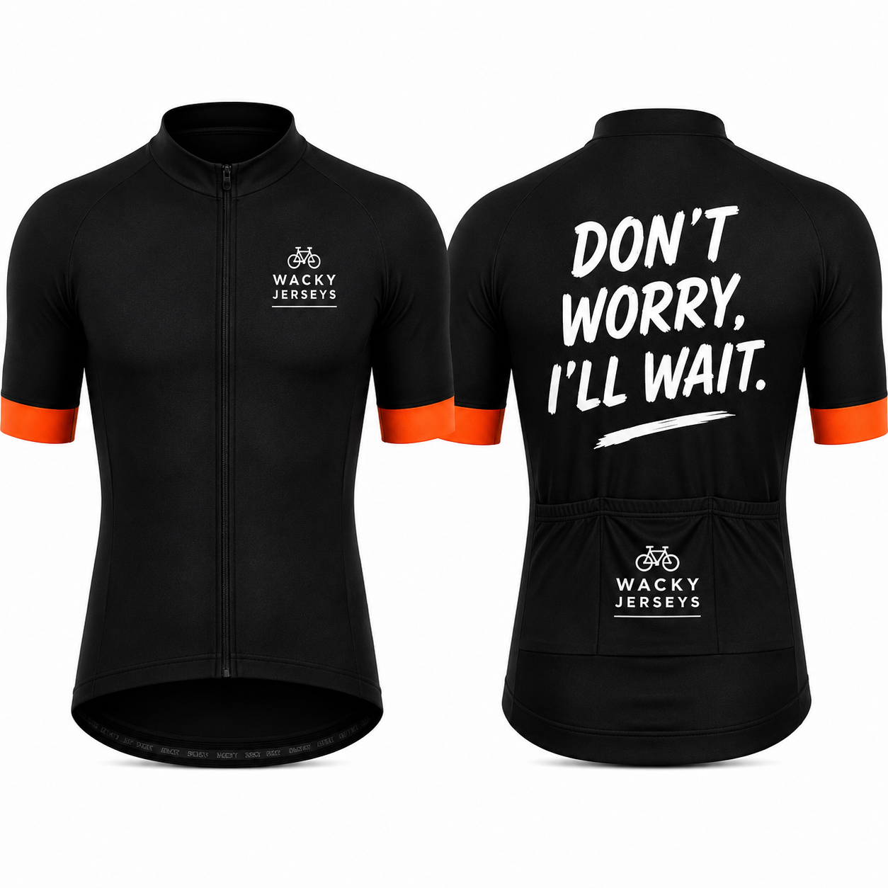 Black short-sleeve cycling jersey shown from the front and back on a white background. The front has a full zipper, a small white 'WACKY JERSEYS' logo on the left chest, and orange sleeve accents.