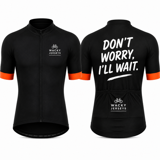 Black short-sleeve cycling jersey shown from the front and back on a white background. The front has a full zipper, a small white 'WACKY JERSEYS' logo on the left chest, and orange sleeve accents.