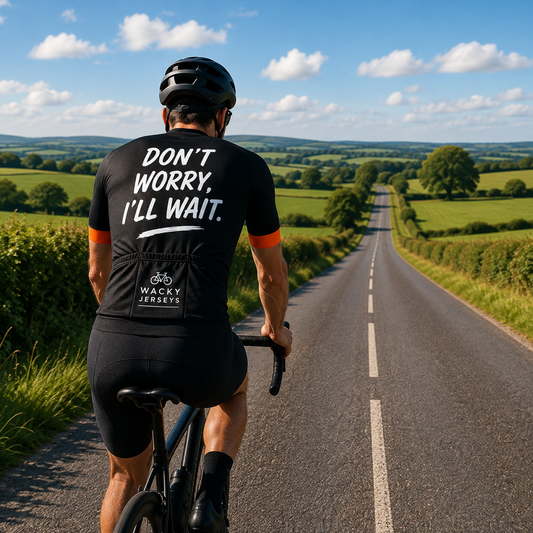 A cyclist viewed from behind riding on a country road, wearing a black cycling jersey with the slogan 'DON'T WORRY, I'LL WAIT.' and 'WACKY CYCLES' printed on the back, along with black shorts and a black helmet.