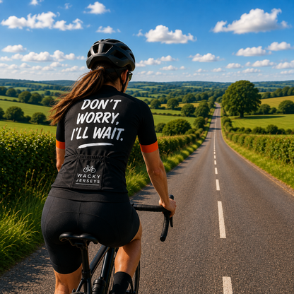 A cyclist viewed from behind riding on a country road, wearing a black cycling jersey with the text 'DON'T WORRY, I'LL WAIT.' and 'WACKY CYCLES' on the back pocket, along with black shorts and a black helmet.