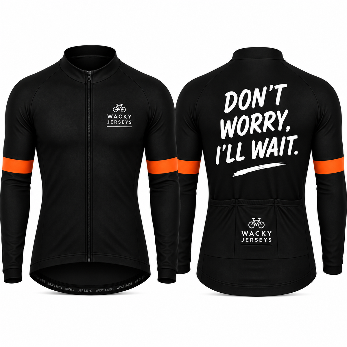 Black long-sleeve cycling jersey shown from the front and back on a white background. The front has a full zipper, a small white 'Wacky Jerseys' logo on the left chest, and orange stripes on the sleeves.
