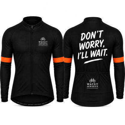 Black long-sleeve cycling jersey shown from the front and back on a white background. The front has a full zipper, a small white 'Wacky Jerseys' logo on the left chest, and orange stripes on the sleeves.
