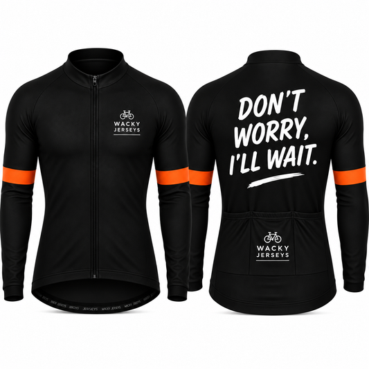 Black long-sleeve cycling jersey shown from the front and back on a white background. The front has a full zipper, a small white 'Wacky Jerseys' logo on the left chest, and orange stripes on the sleeves.
