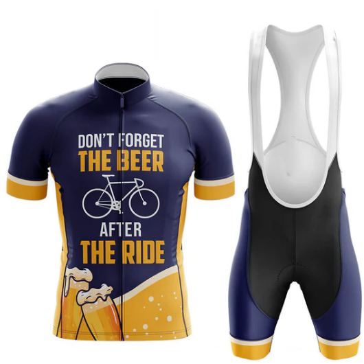 Cycling jersey and bib shorts with humorous text and graphics on a white background