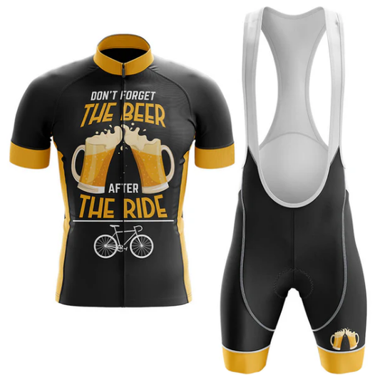 Cycling jersey and bib shorts with beer-themed design on a white background