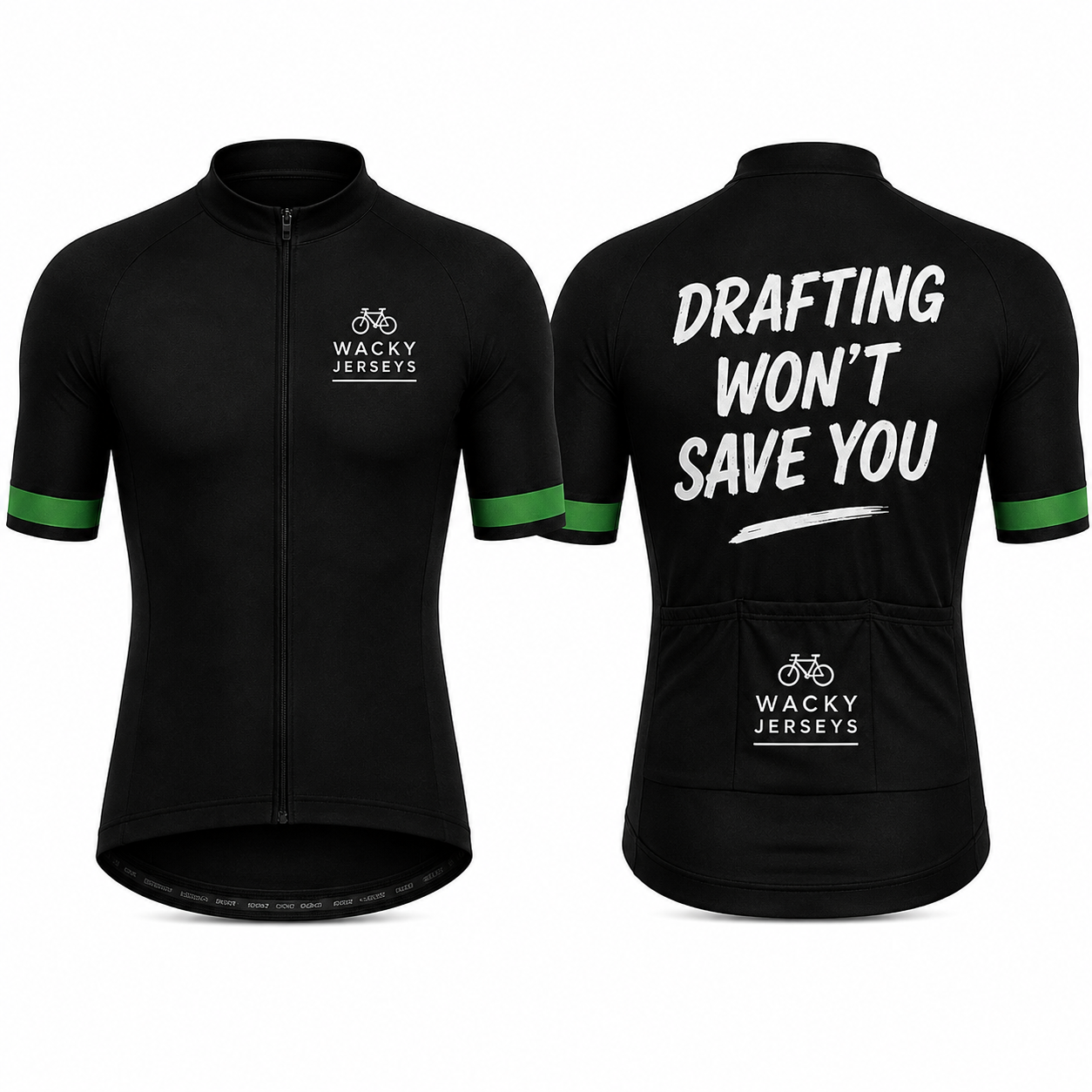 Front and back views of a black short-sleeve cycling jersey. The front features a full zipper, a white 'Wacky Jerseys' logo on the left chest, and green accents on the sleeve cuffs.