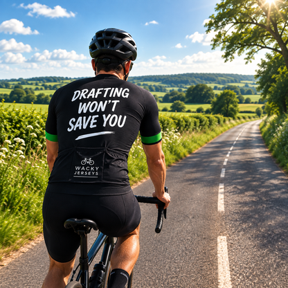 A cyclist viewed from behind riding on a country road, wearing a black cycling jersey with green cuffs and the text 'DRAFTING WON'T SAVE YOU' and 'WACKY CYCLES' on the back, against a sunny green landscape.