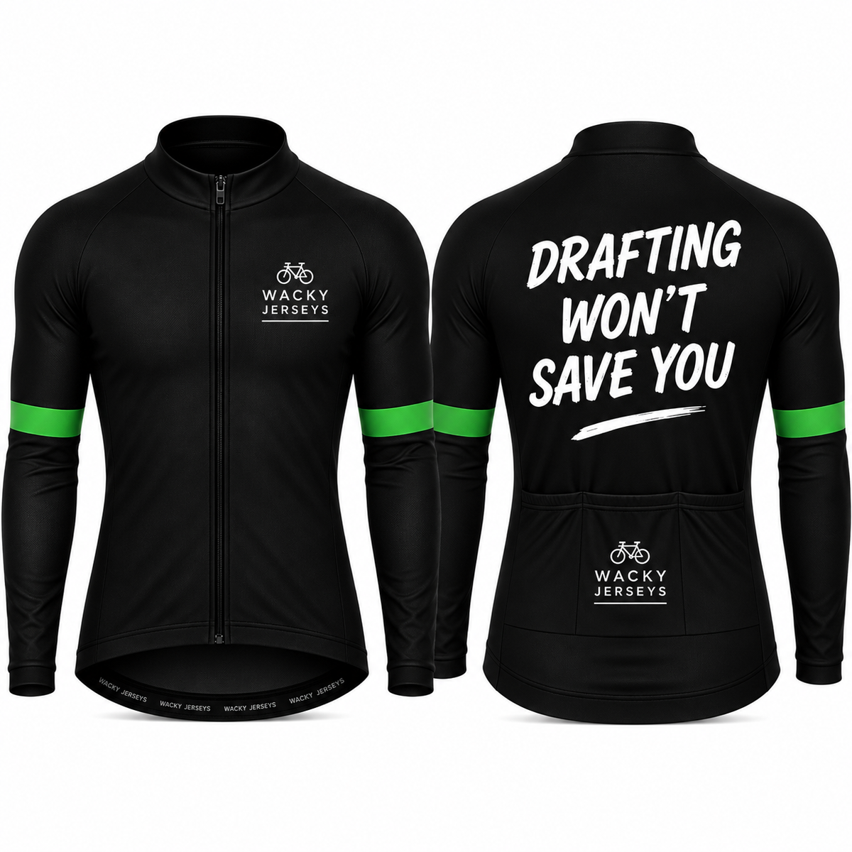 Black long-sleeve cycling jersey shown from the front and back on a white background. The front features a full zip, a white 'WACKY JERSEYS' logo on the left chest, and bright green stripes on the upper sleeves.