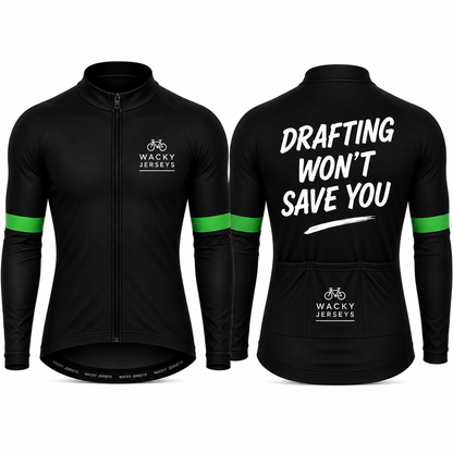 Black long-sleeve cycling jersey shown from the front and back on a white background. The front features a full zip, a white 'WACKY JERSEYS' logo on the left chest, and bright green stripes on the upper sleeves.