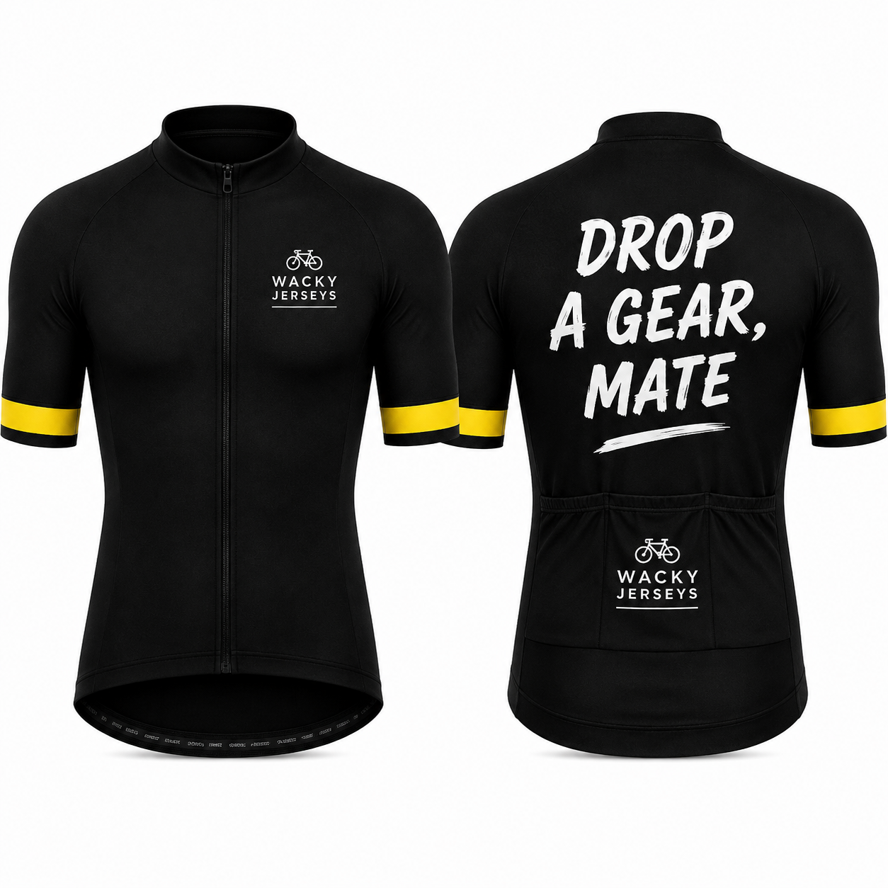 Black short-sleeve cycling jersey shown from the front and back on a white background. The front features a full zipper, a small white 'Wacky Jerseys' logo on the left chest, and yellow stripes on the sleeves.