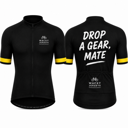 Black short-sleeve cycling jersey shown from the front and back on a white background. The front features a full zipper, a small white 'Wacky Jerseys' logo on the left chest, and yellow stripes on the sleeves.