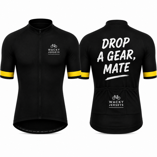 Black short-sleeve cycling jersey shown from the front and back on a white background. The front features a full zipper, a small white 'Wacky Jerseys' logo on the left chest, and yellow stripes on the sleeves.
