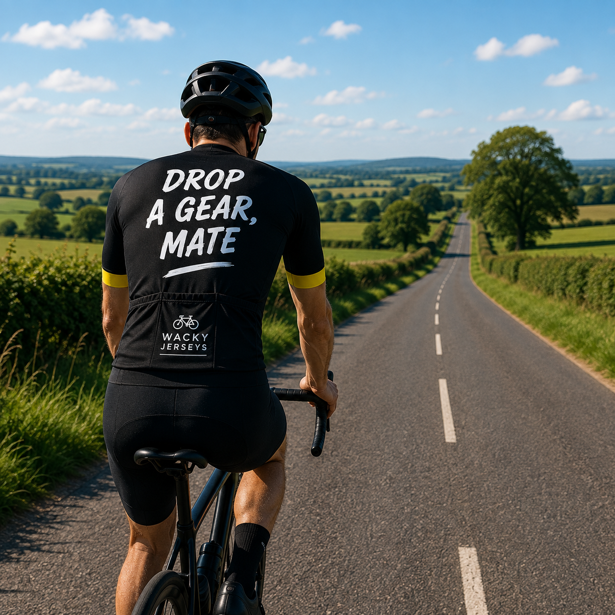 A cyclist viewed from behind riding on a country road, wearing a black jersey with yellow sleeves and large white text reading 'DROP A GEAR, MATE' on the back, along with 'WACKY WEARABLES' branding.