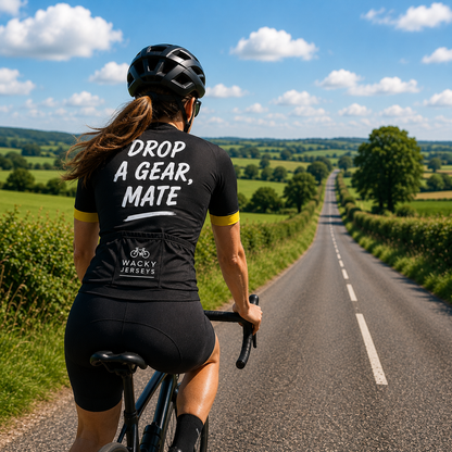 A woman wearing a black cycling jersey and shorts rides a road bike on a country road, shown from behind. The jersey has white text reading 'DROP A GEAR, MATE' and a small 'WACKY WHEELS' logo near the lower back.