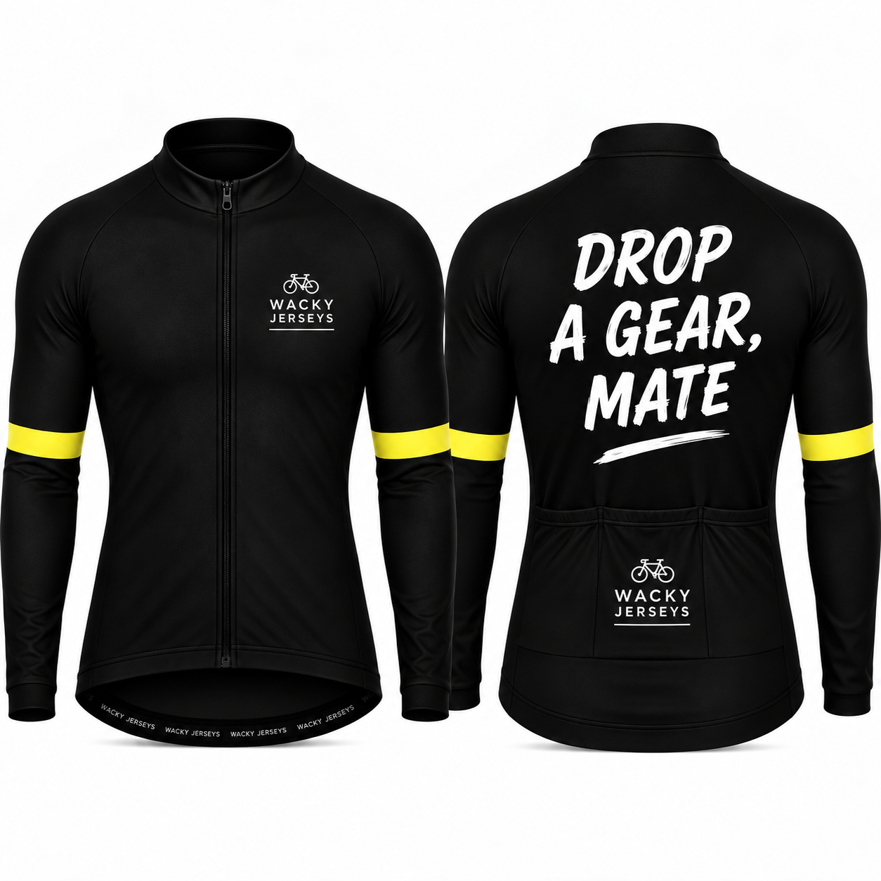 Front and back views of a black long-sleeve cycling jersey. The front features a full zip, a small white 'Wacky Jerseys' logo on the left chest, and yellow stripes on the sleeves.
