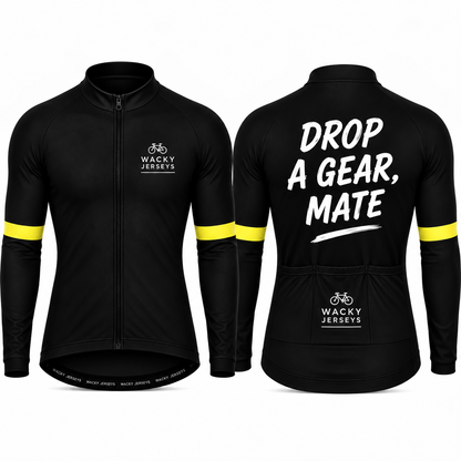 Front and back views of a black long-sleeve cycling jersey. The front features a full zip, a small white 'Wacky Jerseys' logo on the left chest, and yellow stripes on the sleeves.