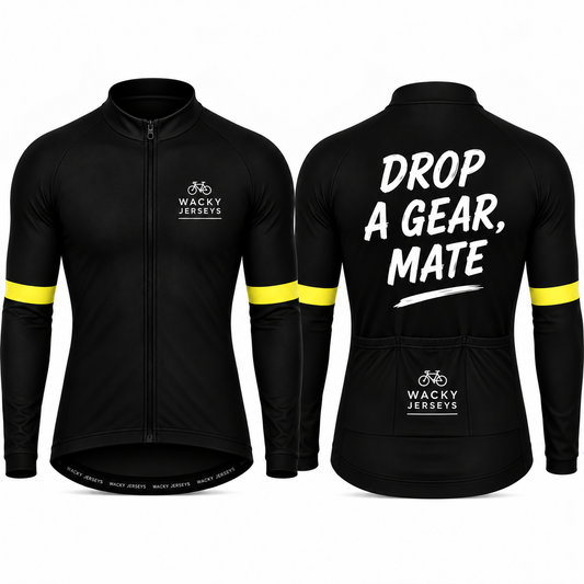 Front and back views of a black long-sleeve cycling jersey. The front features a full zip, a small white 'Wacky Jerseys' logo on the left chest, and yellow stripes on the sleeves.