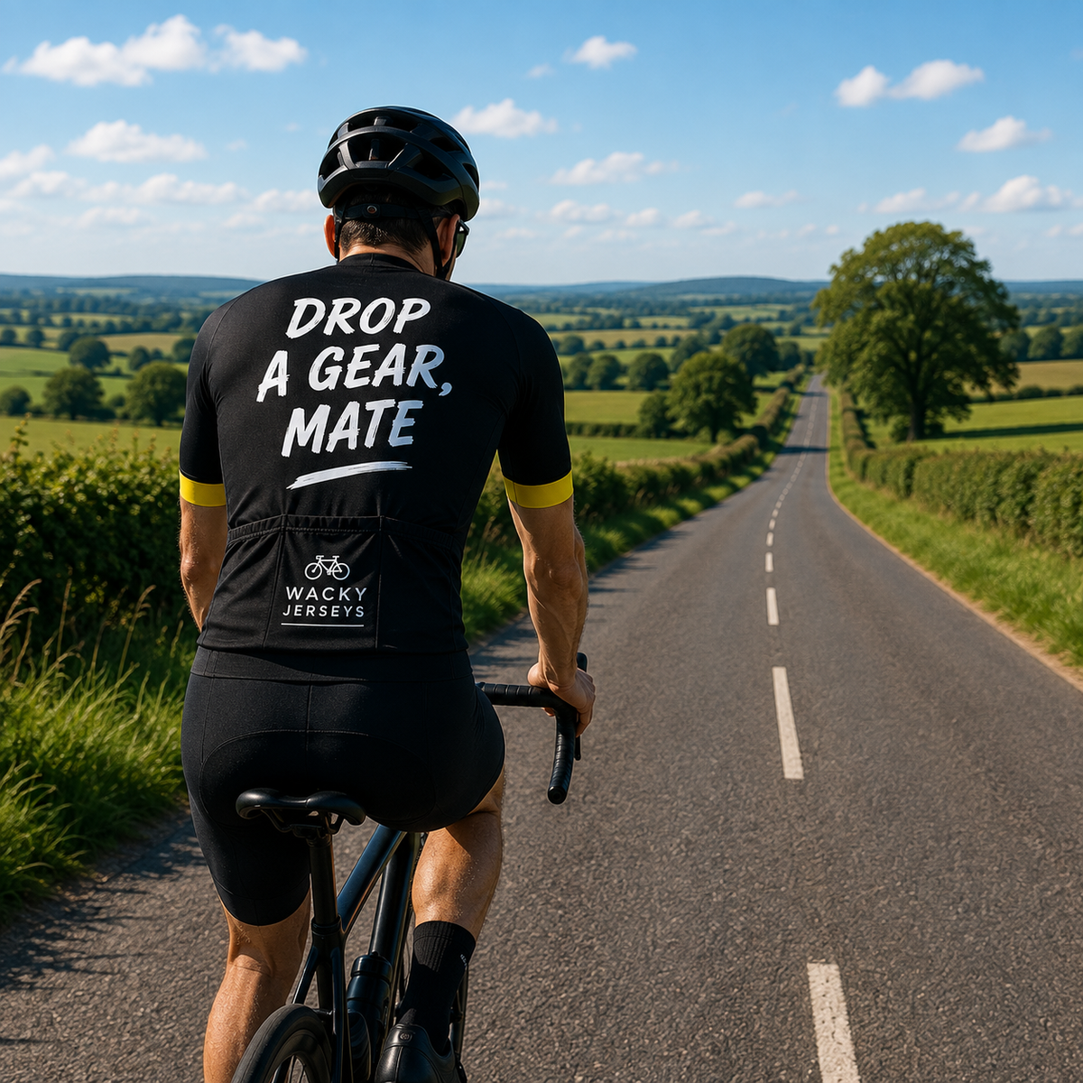 A cyclist viewed from behind riding on a country road, wearing a black jersey with yellow sleeves and large white text reading 'DROP A GEAR, MATE' on the back, along with 'WACKY WEARABLES' branding.
