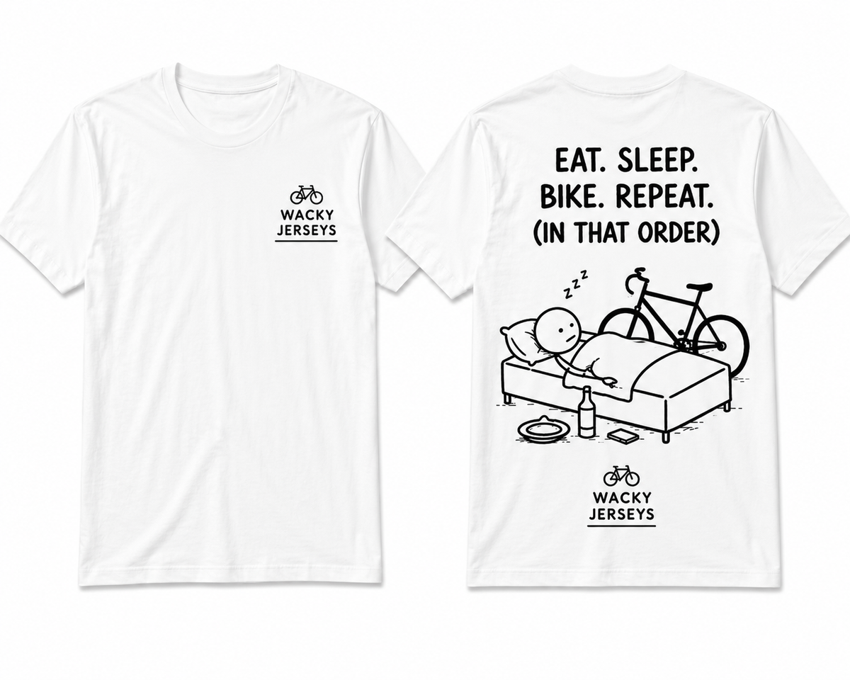 White short-sleeve graphic T-shirt shown from the front and back. The front has a small black 'Wacky Jerseys' bicycle logo on the left chest.