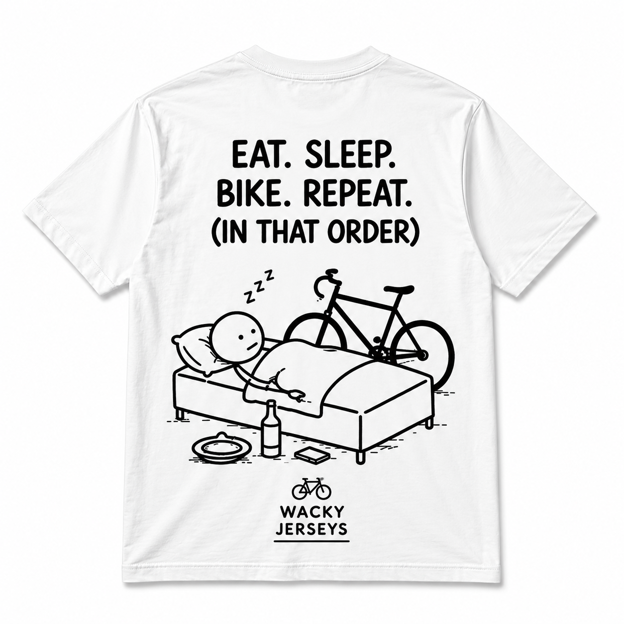 White short-sleeve t-shirt with a black graphic print on the back. The graphic features the text 'EAT.