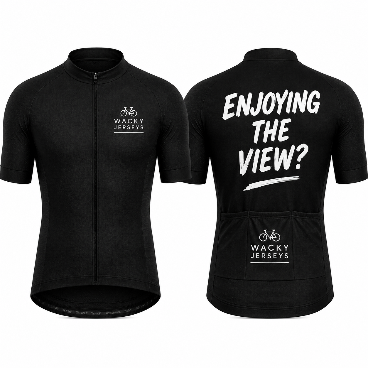 Black short-sleeve cycling jersey shown from the front and back on a white background. The front features a full zipper, a small white Wacky Jerseys logo on the left chest, and a high collar.