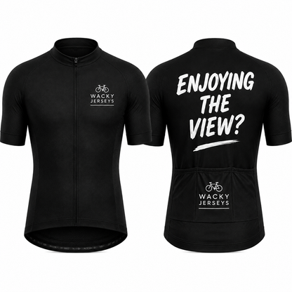 Black short-sleeve cycling jersey shown from the front and back on a white background. The front features a full zipper, a small white Wacky Jerseys logo on the left chest, and a high collar.