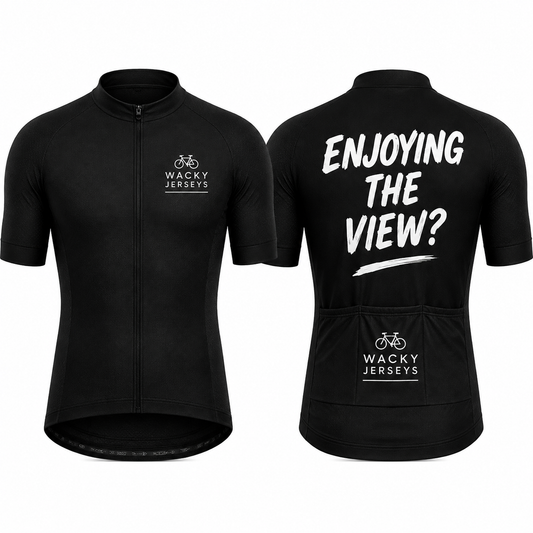 Black short-sleeve cycling jersey shown from the front and back on a white background. The front features a full zipper, a small white Wacky Jerseys logo on the left chest, and a high collar.