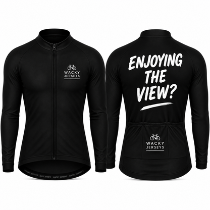 Black long-sleeve cycling jersey shown from the front and back. The front features a full zip, a stand collar, and a white 'WACKY JERSEYS' logo on the left chest.