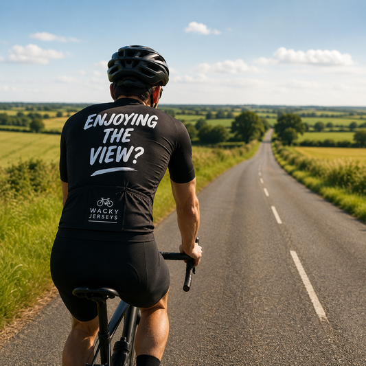 A cyclist viewed from behind riding on a country road, wearing a black jersey with the white text 'ENJOYING THE VIEW?' and 'WAGGY JERSEYS' on the back, with green fields and a blue sky in the background.