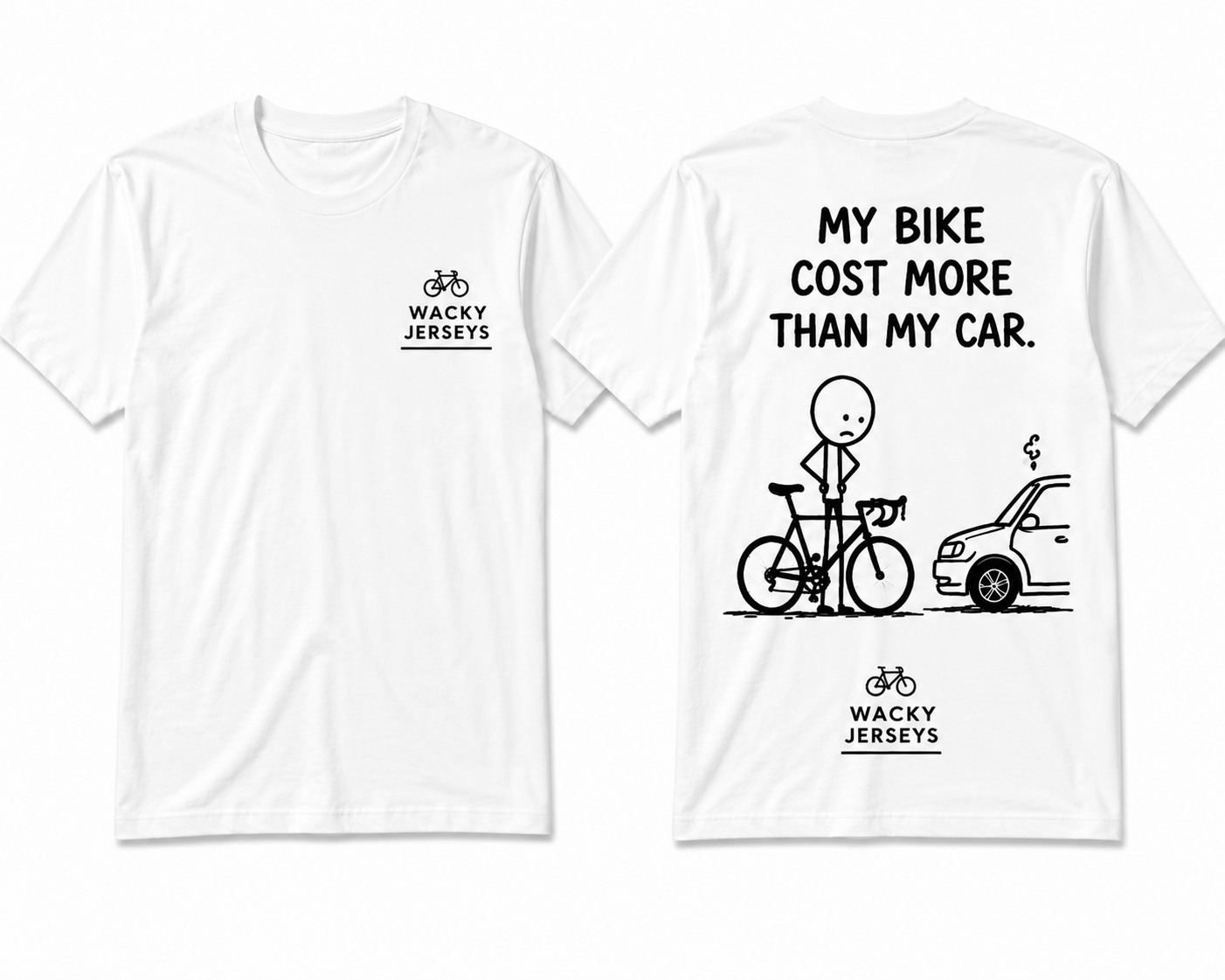 White short-sleeve graphic T-shirt shown from both front and back. The front has a small black 'WACKY JERSEYS' logo on the left chest.
