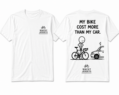 White short-sleeve graphic T-shirt shown from both front and back. The front has a small black 'WACKY JERSEYS' logo on the left chest.