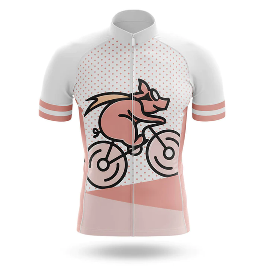 Cycling jersey with a pig riding a bicycle design on a white background