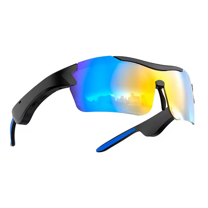 Sport sunglasses with a black wraparound frame and a large mirrored lens reflecting blue, purple, and yellow tones, shown on a plain white background.