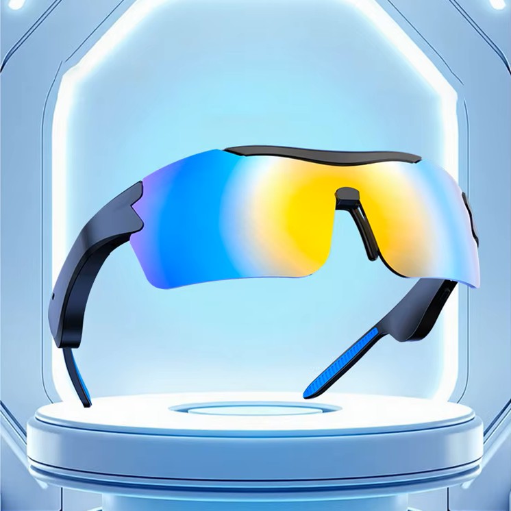 Sport sunglasses with a wraparound black frame and large iridescent lenses shifting from blue to yellow, displayed on a glowing light-blue stand.