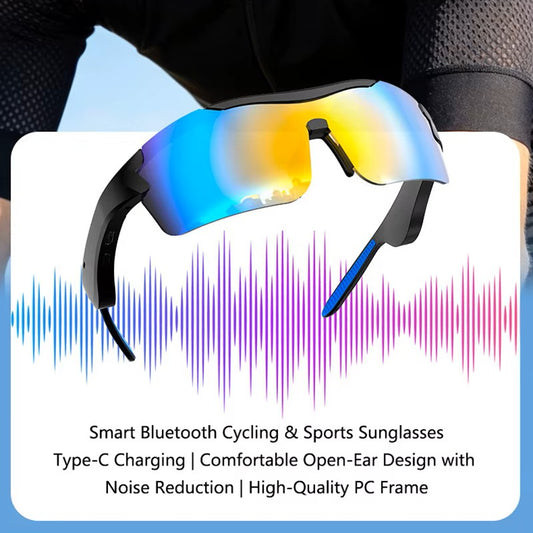 Smart Bluetooth cycling and sports sunglasses with a black frame and mirrored blue-to-yellow lenses, shown with a white promotional card featuring text and a pink audio waveform graphic.