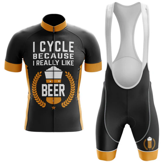 Cycling jersey and bib shorts with 'I Cycle Because I Really Like Beer' text on a white background